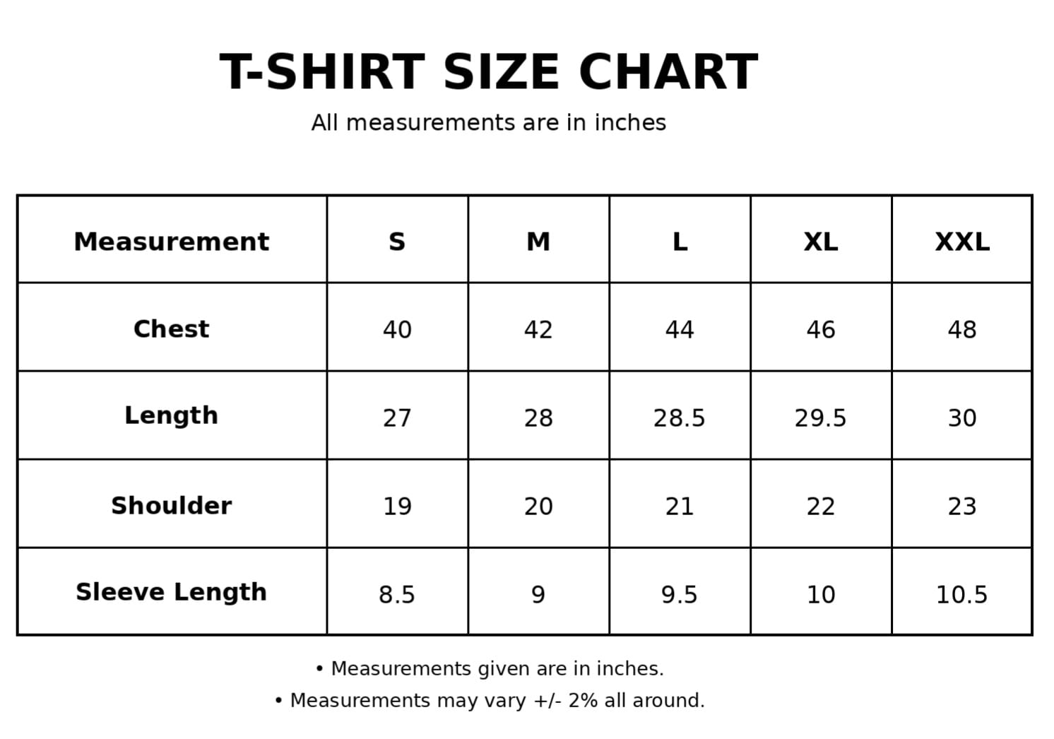 T-shirt size chart in inches. S: chest 40, length 27, shoulder 19, sleeve 8.5. M: chest 42, length 28, shoulder 20, sleeve 9. L: chest 44, length 28.5, shoulder 21, sleeve 9.5. XL: chest 46, length 29.5, shoulder 22, sleeve 10. XXL: chest 48, length 30, shoulder 23, sleeve 10.5.